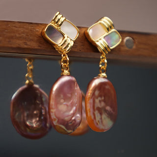 Buddha Gift 925 Sterling Silver Posts Copper Plated Gold Natural Baroque Pearl Healing Drop Earrings