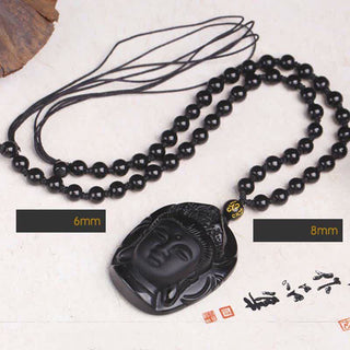 Buddha Gift Natural Black Obsidian Kwan Yin Avalokitesvara Strength String Necklace Pendant