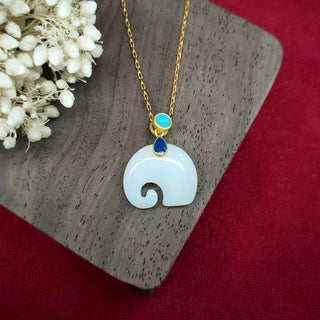 Buddha Gift White Jade Elephant Luck Fortune Necklace Pendant