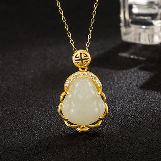 Buddha Gift 925 Sterling Silver Laughing Buddha Hetian White Jade Protection Necklace Pendant