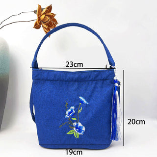 Buddha Gift Embroidery Wisteria Plum Lotus Cherry Blossom Cotton Linen Canvas Tote Crossbody Bag Shoulder Bag Handbag