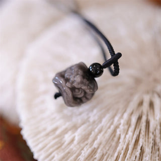 Buddha Gift Natural Silver Sheen Obsidian Dancing Lion Protection Necklace Pendant
