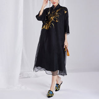 Buddha Gift 100% Mulberry Silk 6 Momme Dress Vintage Flower Butterfly Embroidery Qipao Dress Women's Cheongsam Dress