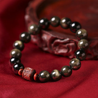 Buddha Gift Natural Gold Sheen Obsidian Rainbow Obsidian Om Mani Padme Hum Fu Character Healing Bracelet