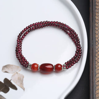 Buddha Gift Natural Garnet Red Agate Protection Triple Layer Bracelet