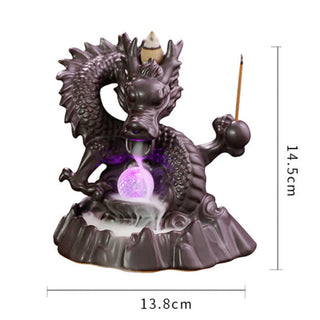 Buddha Gift Auspicious Dragon Ceramic Backflow Smoke Fountain Meditation Healing Incense Burner Led Ball Decoration