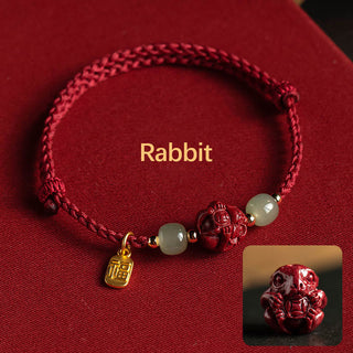 Buddha Gift Natural Cinnabar Chinese Zodiac Hetian Jade Fu Character Luck Rope Bracelet