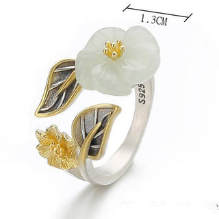 Buddha Gift 925 Silver Plated Copper White Jade Plum Flower Leaf Luck Ring