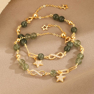 Buddha Gift 14K Gold Green Rutilated Quartz Möbius Loop Eternal Love Star Protection Bracelet