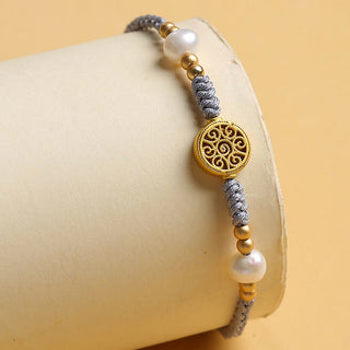 Buddha Gift Copper Coin Fortune Tree Pearl Luck Blue Rope Braided Bracelet