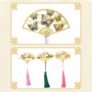 Buddha Gift Traditional Butterfly Lotus Flower Crane Dragon Phoenix Fox Koi Fish New Beginning Metal Brass Hollow Fan Bookmarks