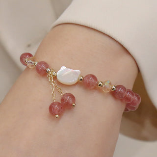 Buddha Gift Natural Strawberry Quartz Morganite Tridacna Stone Cat Love Bracelet
