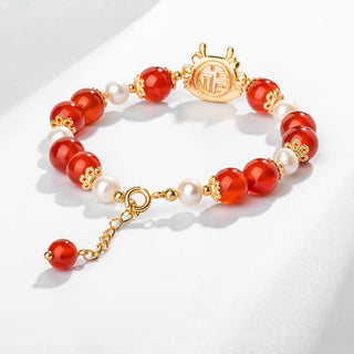 Buddha Gift 14K Gold Plated Year Of The Dragon Natural Red Agate Pearl Protection Fu Character Chain Bracelet (Extra 30% Off | USE CODE: FS30)