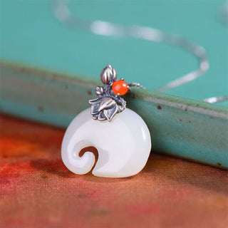 Buddha Gift White Jade Elephant Lotus Protection Necklace Pendant