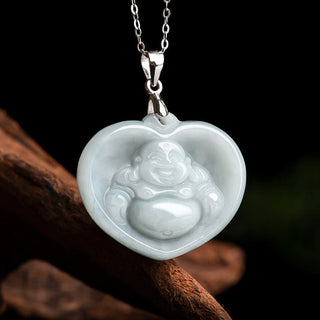 Buddha Gift 925 Sterling Silver Laughing Buddha White Jade Luck Blessing Necklace Pendant