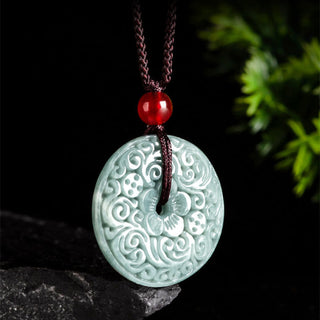 Buddha Gift Green Jade Flower Carved Peace Buckle Abundance Necklace Pendant