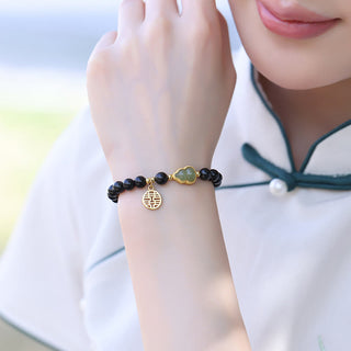 Buddha Gift Natural Black Obsidian Hetian Jade Gourd Double Happiness Strength Bracelet