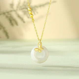 Buddha Gift 925 Sterling Silver Ginkgo Leaf Butterfly Rose Chalcedony Hetian Jade Peace Buckle Fu Character Harmony Necklace Pendant