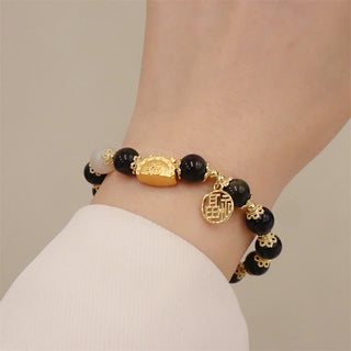 Buddha Gift Year Of The Dragon Red Agate Strawberry Quartz Black Obsidian Jade Garnet Pearl Cinnabar Dumpling Dragon Luck Fu Character Bracelet