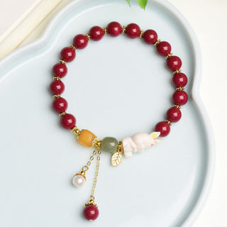 Buddha Gift Year of the Rabbit Cinnabar Hetian Jade Bunny Beaded Blessing Bracelet