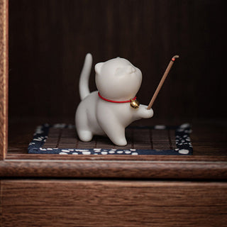 Buddha Gift Mini Lucky Cat Kitten Tea Pet Ceramic Home Desk Figurine Decoration With Bamboo Mat