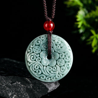 Buddha Gift Green Jade Flower Carved Peace Buckle Abundance Necklace Pendant