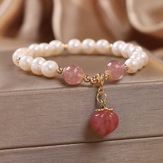 Buddha Gift Natural Pearl Strawberry Quartz Peach Love Heart Wisdom Charm Bracelet