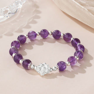 Buddha Gift 925 Sterling Silver Natural Amethyst Lotus Spiritual Bracelet