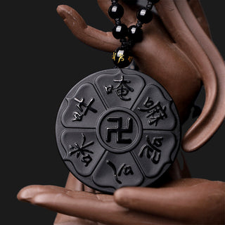 Buddha Gift Natural Black Obsidian Tibetan Om Mani Padme Hum Buddha Swastika Luck Necklace Pendant