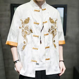 Buddha Gift Frog-Button Chinese Dragon Embroidery Half Sleeve Shirt Linen Men Clothing