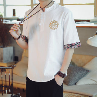 Buddha Gift Frog-Button Dragon Embroidery Chinese Tang Suit Short Sleeve Shirt Linen Men Clothing