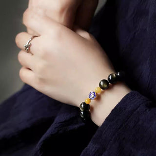 Buddha Gift 925 Sterling Silver Chinese Zodiac Natal Buddha Natural Gold Sheen Obsidian Amber Wealth Protection Bracelet