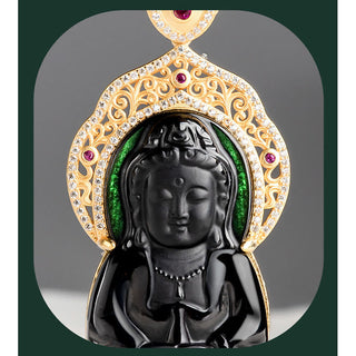 Buddha Gift 925 Sterling Silver Natural Black Jade Kwan Yin Avalokitesvara Wealth Necklace Pendant
