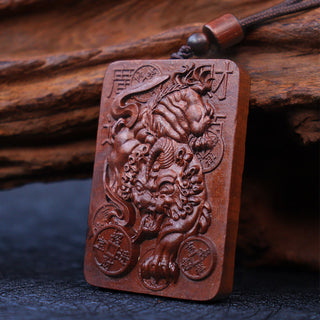 Buddha Gift Natural Lightning Struck Jujube Wood PiXiu Copper Coin Good Fortune Necklace Pendant