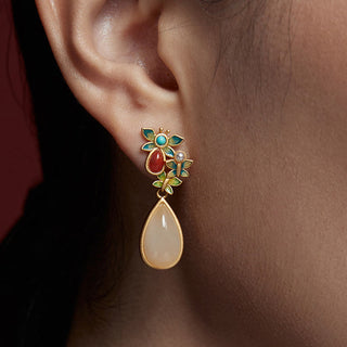 Buddha Gift Water Drop White Jade Red Agate Butterfly Protection Drop Dangle Earrings