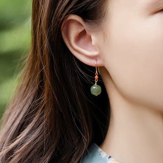 Buddha Gift 925 Sterling Silver 14K Gold Plated Hetian Jade Red Agate Luck Drop Dangle Earrings
