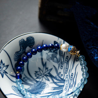 Buddha Gift Natural Aquamarine Lazurite Fish Healing Bracelet