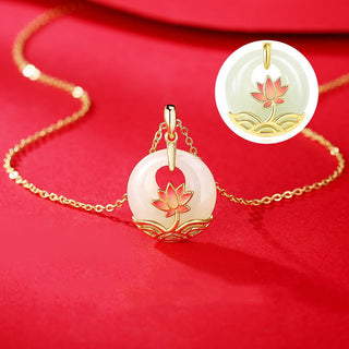 Buddha Gift 925 Sterling Silver Hetian White Jade Lotus Flower Blessing Necklace Pendant