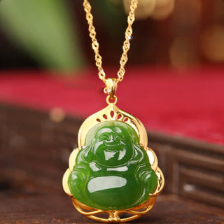 Buddha Gift 925 Sterling Silver Natural Hetian Cyan Jade Laughing Buddha 18K Gold Healing Necklace Chain Pendant