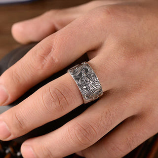 Buddha Gift 999 Sterling Silver Dragon Carved Pattern Protection Success Ring