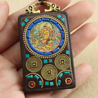 Buddha Gift Tibet God of Wealth Thangka Ebony Peace Necklace Pendant