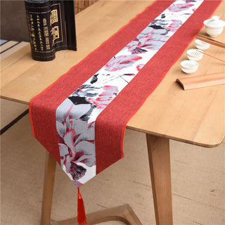 Buddha Gift Classic Chinese Style Lotus Koi Fish Flower Crane Calligraphy Enlightenment Cotton Linen Tassels Table Runner