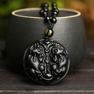 Buddha Gift Black Obsidian Double Pixiu Bead Rope Purification Necklace Pendant