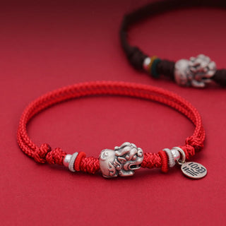 Buddha Gift 925 Sterling Silver PiXiu Fu Character Wealth Luck Handmade Braided Bracelet