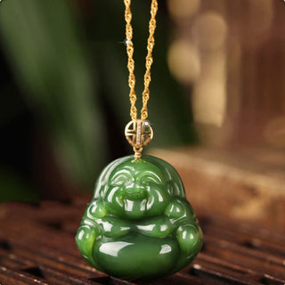 Buddha Gift 925 Sterling Silver Laughing Buddha Hetian Cyan Jade 18K Gold Success Necklace Chain Pendant