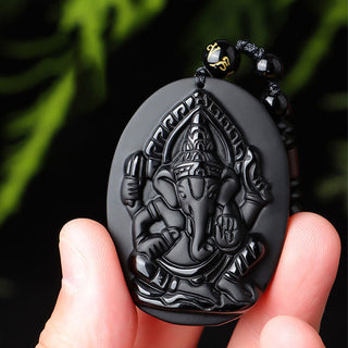 Buddha Gift Tibetan Obsidian Ganesh Ganpati Elephant Wealth Amulet Necklace
