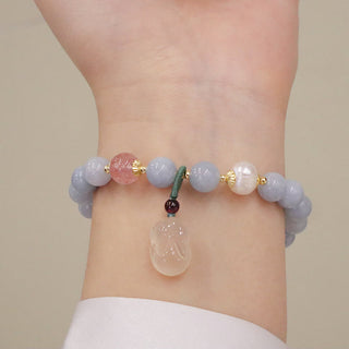 Buddha Gift Natural Aquamarine Chalcedony Serenity Rabbit Gourd Cat Charm Bracelet