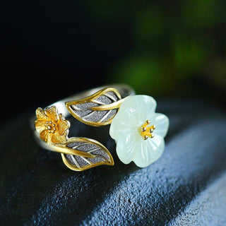 Buddha Gift 925 Silver Plated Copper White Jade Plum Flower Leaf Luck Ring