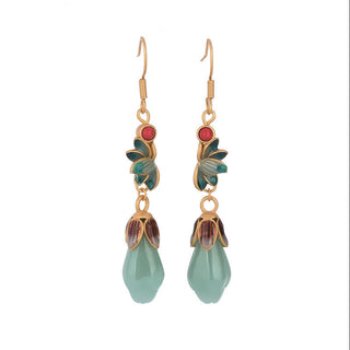 Buddha Gift Magnolia Flower Jade Pattern Luck Prosperity Drop Dangle Earrings