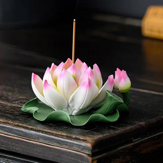 Buddha Gift Lotus Flower Leaf Pod Spiritual Healing Ceramic Stick Incense Burner Decoration
